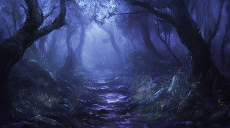 imagen generada por Inteligencia artificial, de un bosque oscuro en tonos azules
