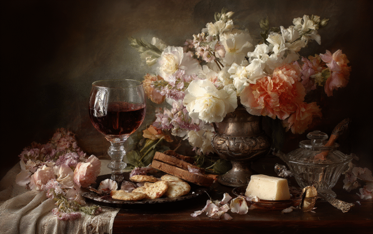 imagen de un bodegón, con flores, una copa de vino, queso