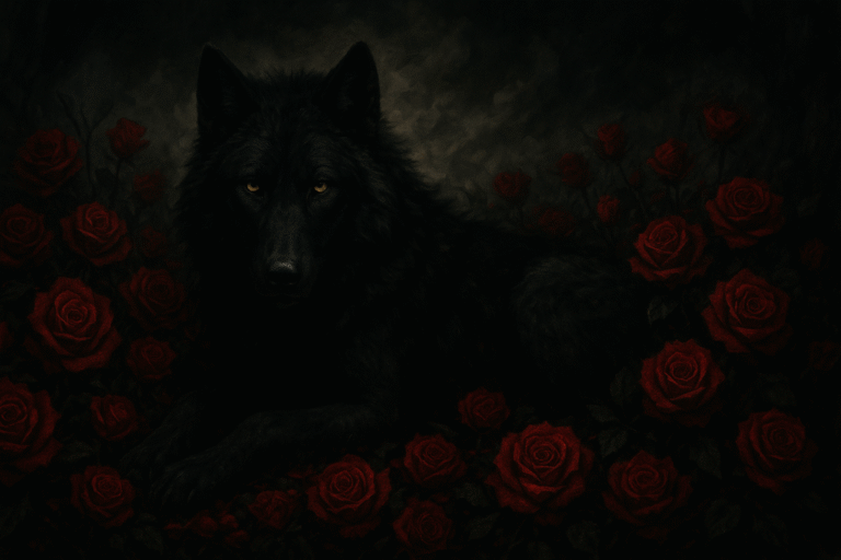 imagen de un lobo negro acostado en un lecho de rosas