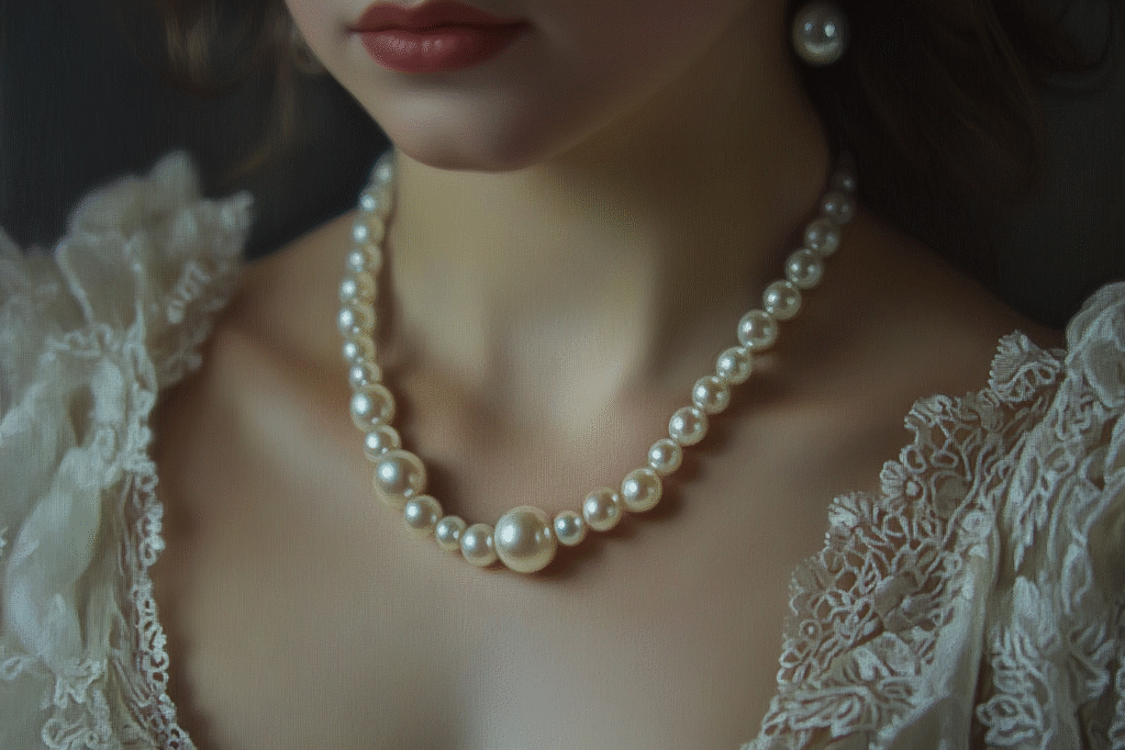 close-up de una mujer usando perlas