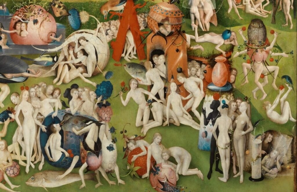 Imagen del trípico central de la pintura del Jardín de las delicias del Bosco. Hay cuerpos desnudos en un jardin conviviendo y divirtiéndose